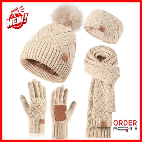 Winter Hat Scarf Gloves Headband Set, Fleece-Lined Pom Pom Beanie Touchscreen main image 8